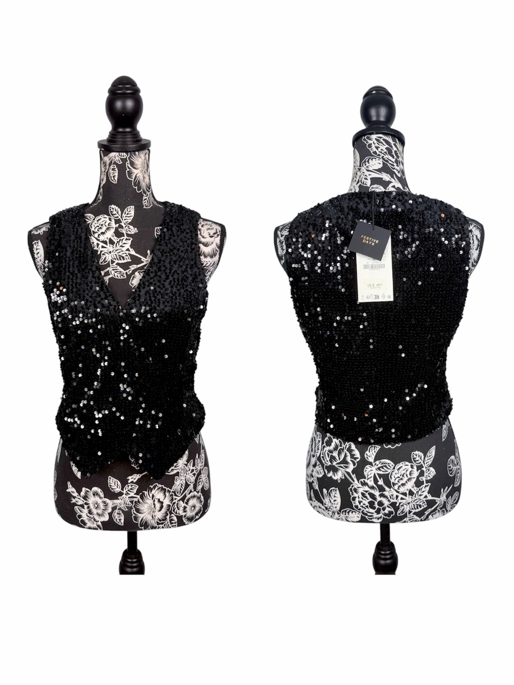 NWT Zara black Festive Days velvet sequin button up vest size medium